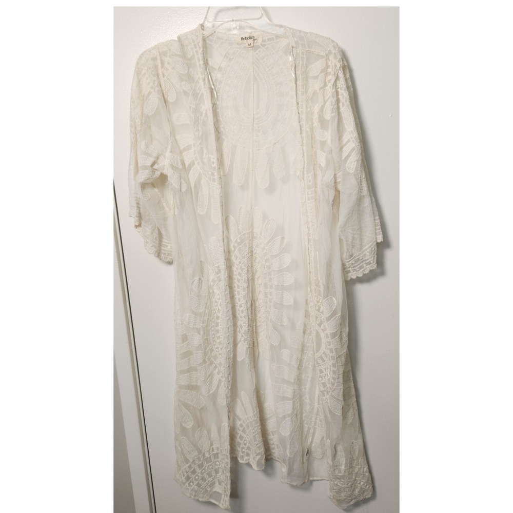 Rebellion Ivory Lace Sheer Komono Longline Duster Bell Sleeves Med Cover Up Boho